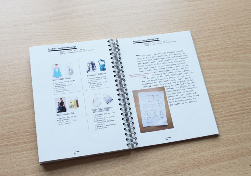 Dokumentation fürs Kolloquium – Insgesamt 18 ausgewählte Kurse/Projekte, die in den letzten 3 Semestern im Grundstudium entstanden sind. Format: DIN A5. Papier: Steinbeis TrendWhite 80g/m2. Druck: InkJet. Bindung: „Japanische“ / Ringbindung. (FH Potsdam, 2010)